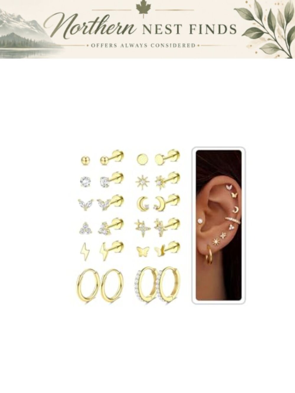 12 Pairs Flat Back Earrings 316L Surgical Steel 14K Gold Plated Studs Hoops
